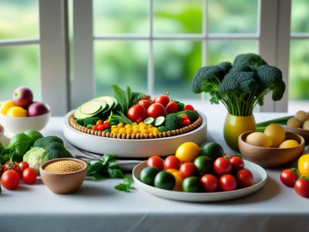 Una mesa de comedor colorida y vibrante con platos sin gluten, en un entorno sereno y saludable, resaltando la planificación dieta sin gluten balanceada