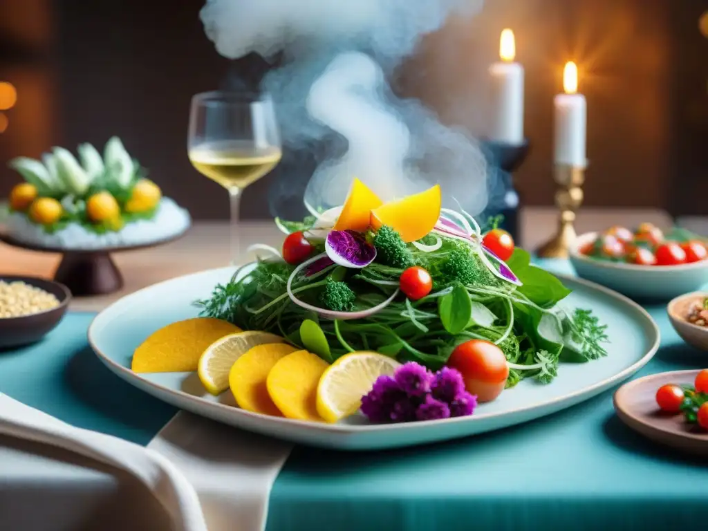 Una mesa de comedor exquisitamente decorada para una celebración festiva, con platos sin gluten vibrantes y coloridos