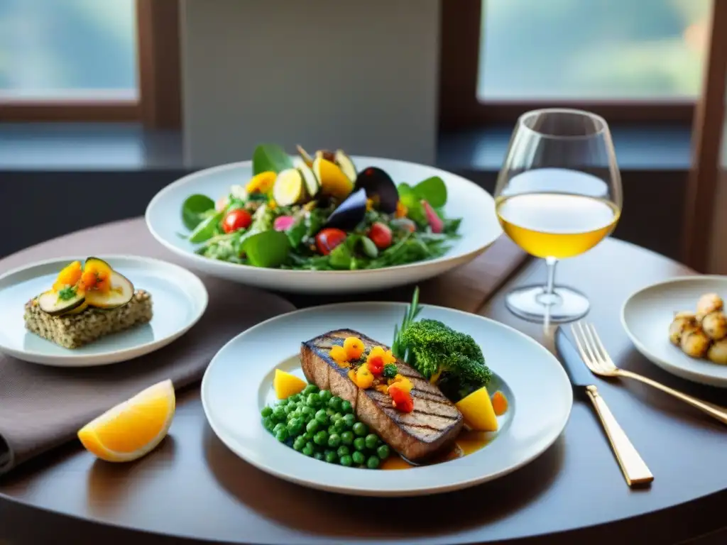 Una mesa de comedor bellamente decorada con platos sin gluten, destaca la creatividad y la planificación de menús sin gluten