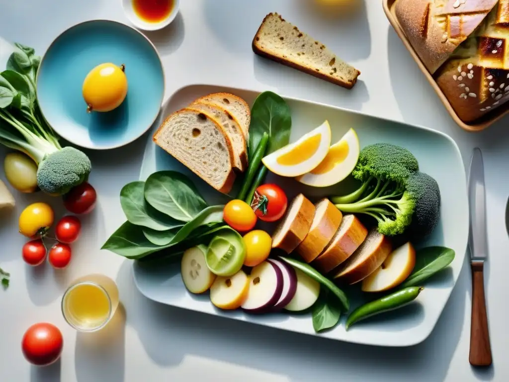 Una mesa de comedor exquisitamente decorada con platos coloridos sin gluten, brindando frescura y beneficios intestinales