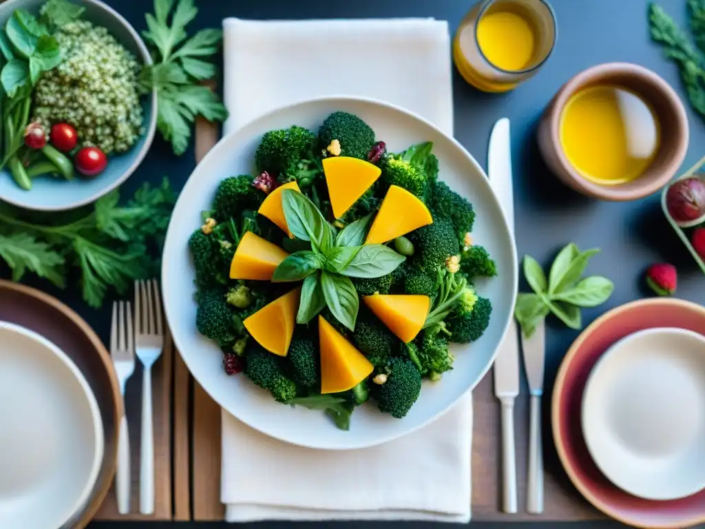 Una mesa de comedor bellamente decorada con platos coloridos y nutritivos sin gluten, rodeada de vegetación exuberante