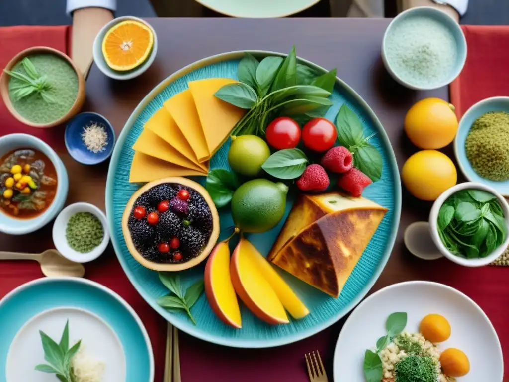 Una mesa de comedor exquisitamente decorada con recetas sin gluten de culturas diversas alrededor del mundo