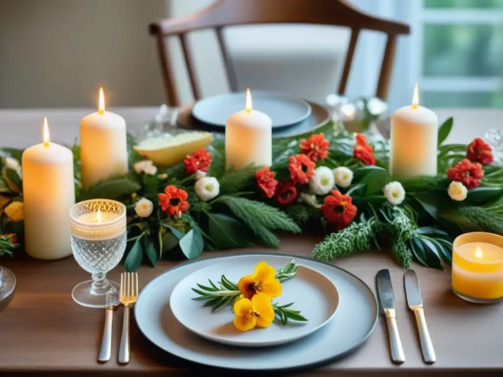 Una mesa de comedor bellamente decorada en una reunión festiva con platos sin gluten exquisitos