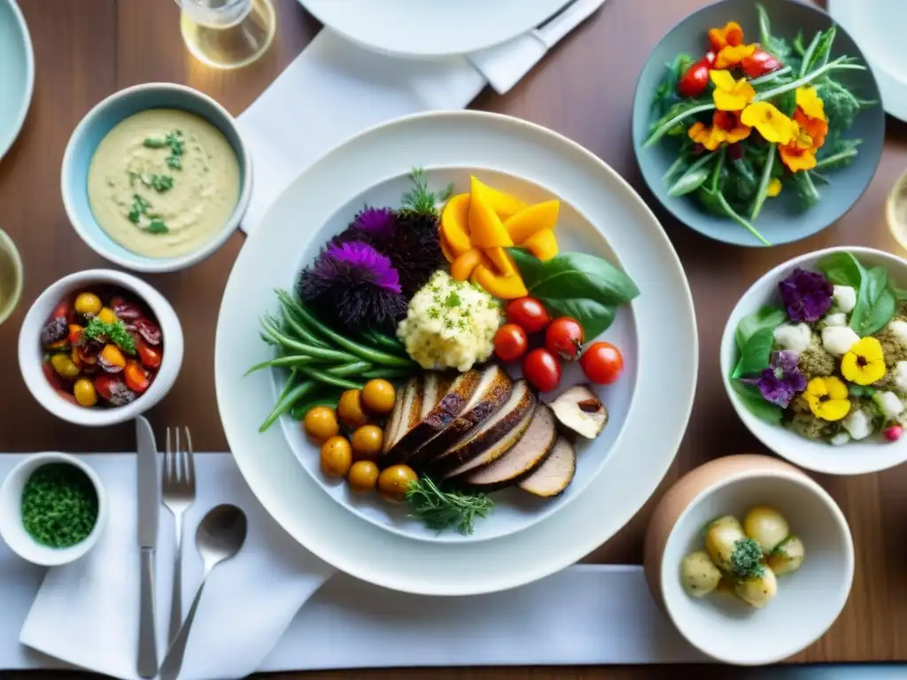 Una mesa de comedor decorada con una variedad de platos sin gluten, bañada en luz natural