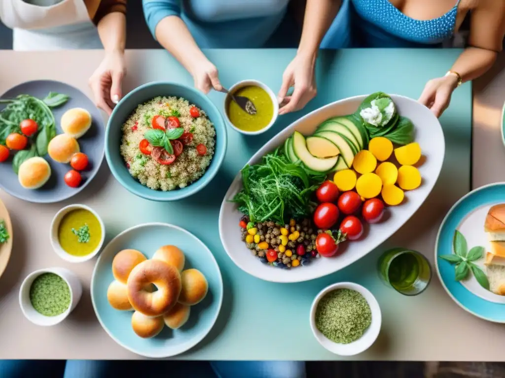 Una mesa de comedor inclusiva y diversa con deliciosos platillos sin gluten, rodeada de personas sonrientes en animada conversación