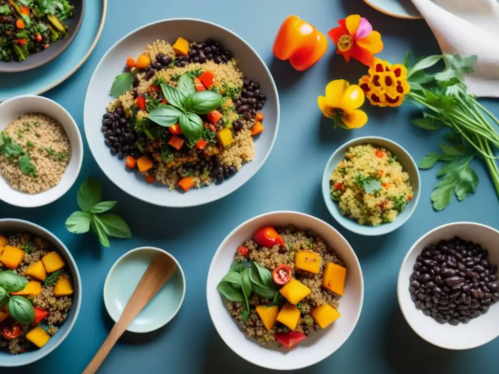 Una mesa de comedor bellamente presentada con variados y apetitosos platos veganos sin gluten