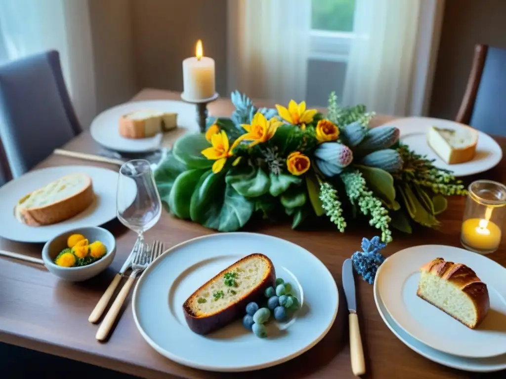 Mesa de comedor para una reunión sin gluten: consejos y recetas, con platos bellamente presentados y decoración floral