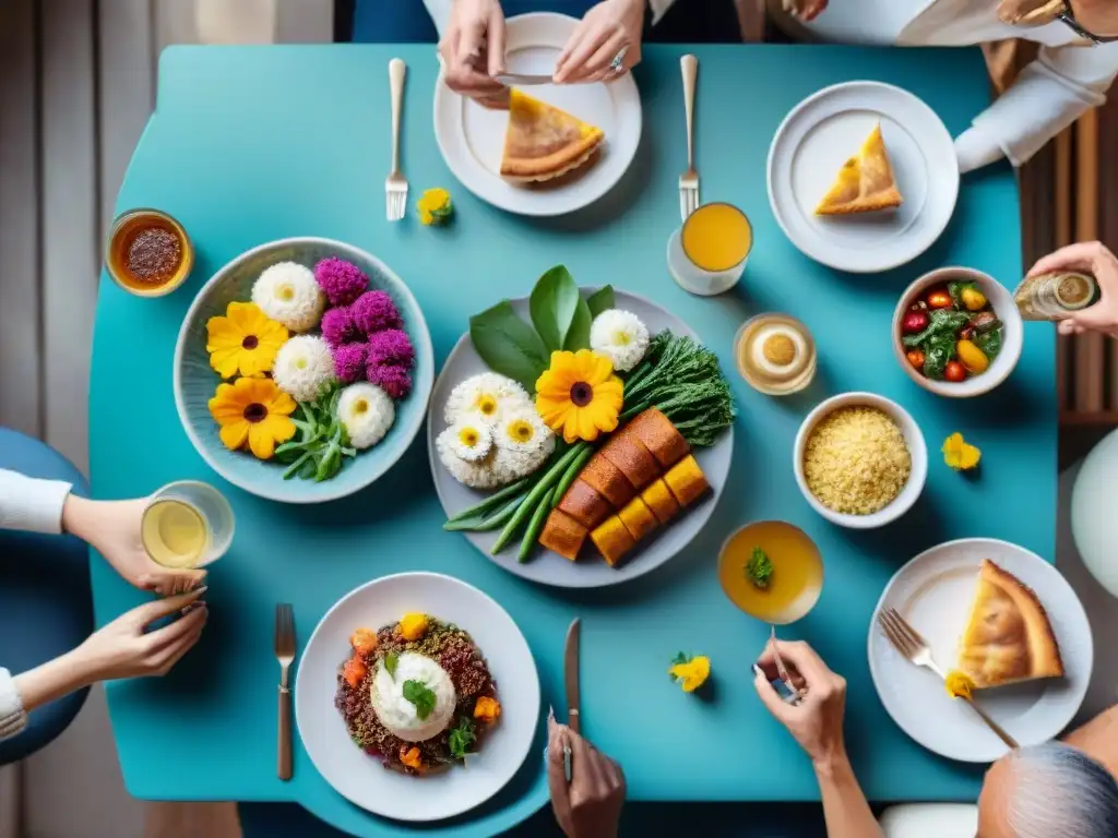 Una mesa de comensales diversos disfrutando de una comida sin gluten inclusiva y diversa