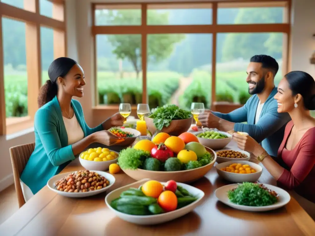 Una mesa comunitaria llena de alimentos sin gluten, microbiota intestinal y personas diversas disfrutando de una comida alegre