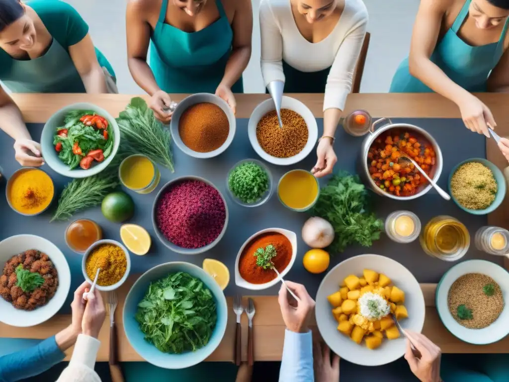 Una mesa comunitaria llena de diversidad, unida por la cocina sin gluten y el amor por la comida, creando un ambiente cálido y festivo