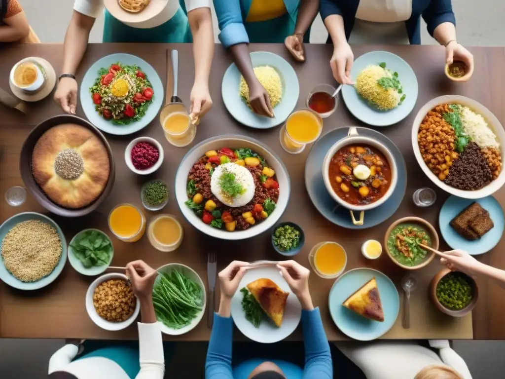 Una mesa comunitaria llena de gente diversa disfrutando de recetas sin gluten fáciles innovadoras