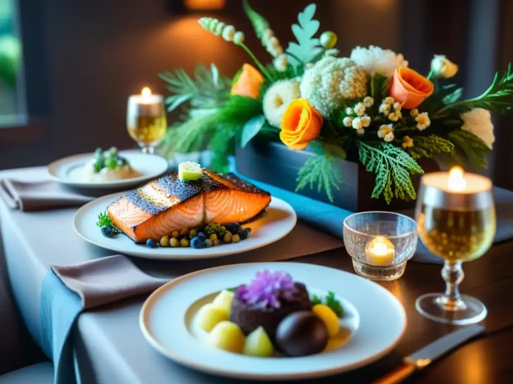 Una mesa elegantemente decorada con bebidas alcohólicas sin gluten y deliciosos platillos, creando una atmósfera sofisticada