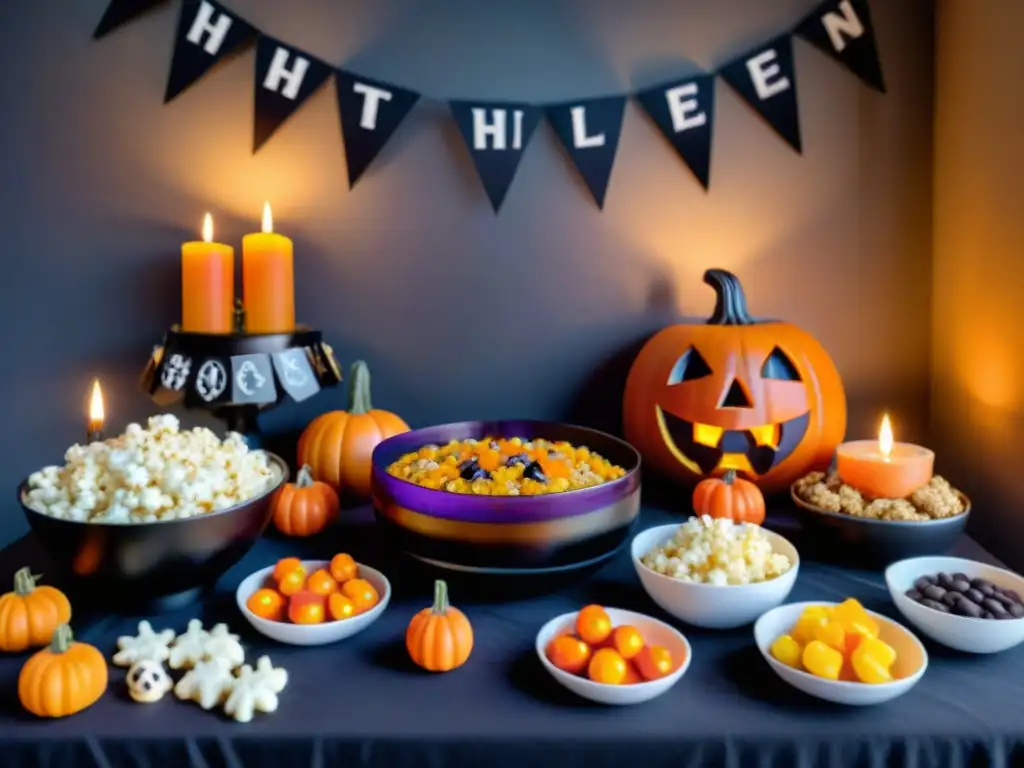 Una mesa decorada para una cena de Halloween sin gluten, con aperitivos y dulces festivos en un ambiente misterioso y festivo