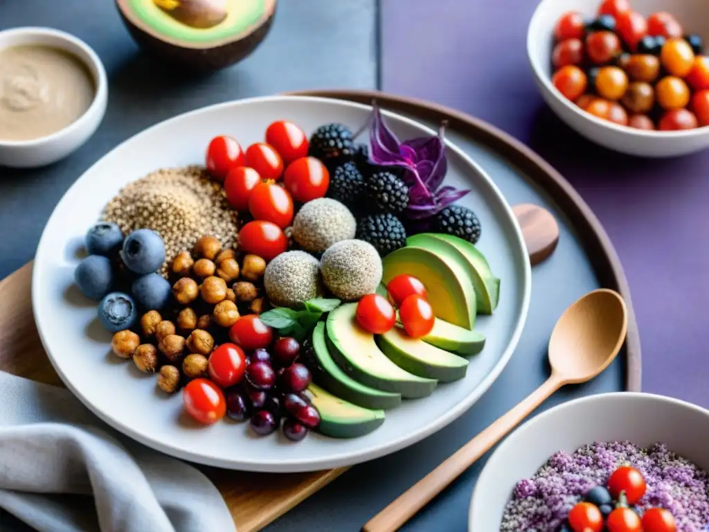 Una mesa bellamente decorada con coloridos platillos veganos y sin gluten