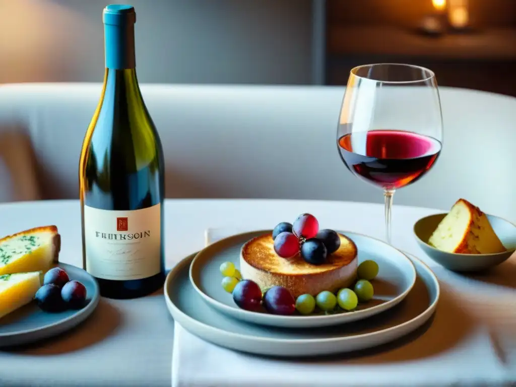 Una mesa elegantemente decorada con copas de vino, platos sin gluten y botellas de vino