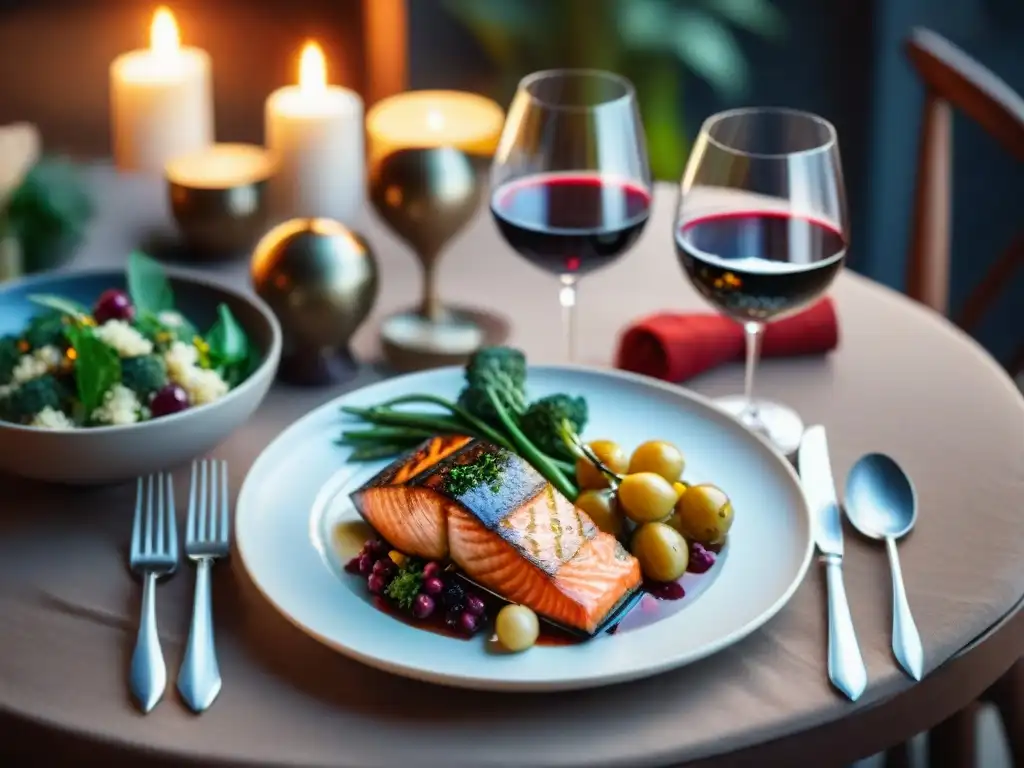 Una mesa elegantemente decorada con copas de vino, platos sin gluten y vela, ideal para un maridaje vinos platos sin gluten