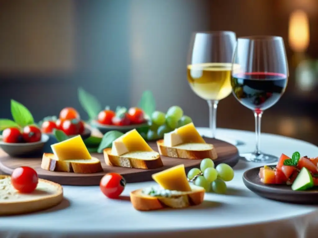 Una mesa elegantemente decorada con copas de vino llenas y aperitivos sin gluten, como bruschetta y tabla de quesos artesanales, bañada en luz natural