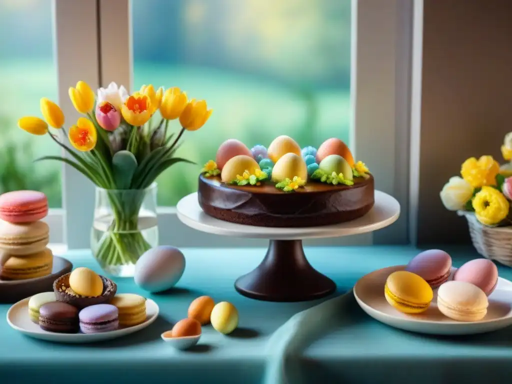 Una mesa de Pascua sin gluten bellamente decorada con delicias coloridas, creando un ambiente cálido y acogedor