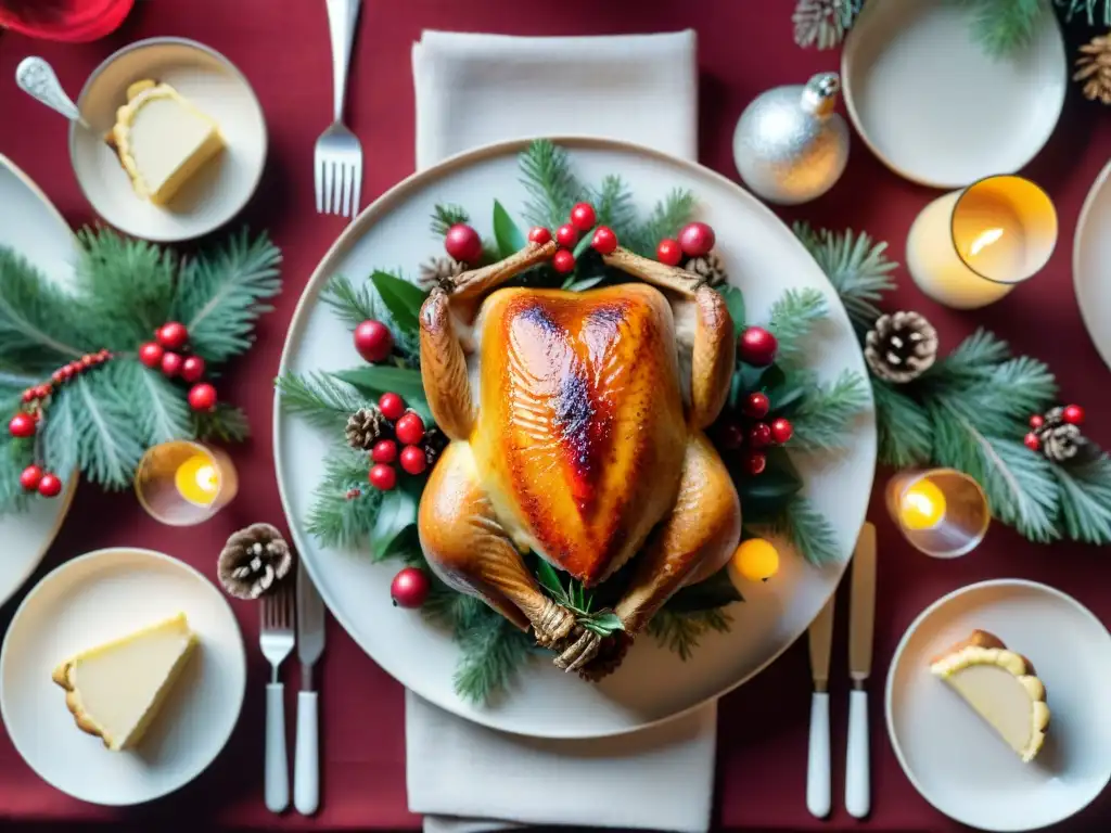 Una mesa navideña decorada con delicias sin gluten: pavo dorado, salsa de arándanos, tronco de Navidad y galletas festivas