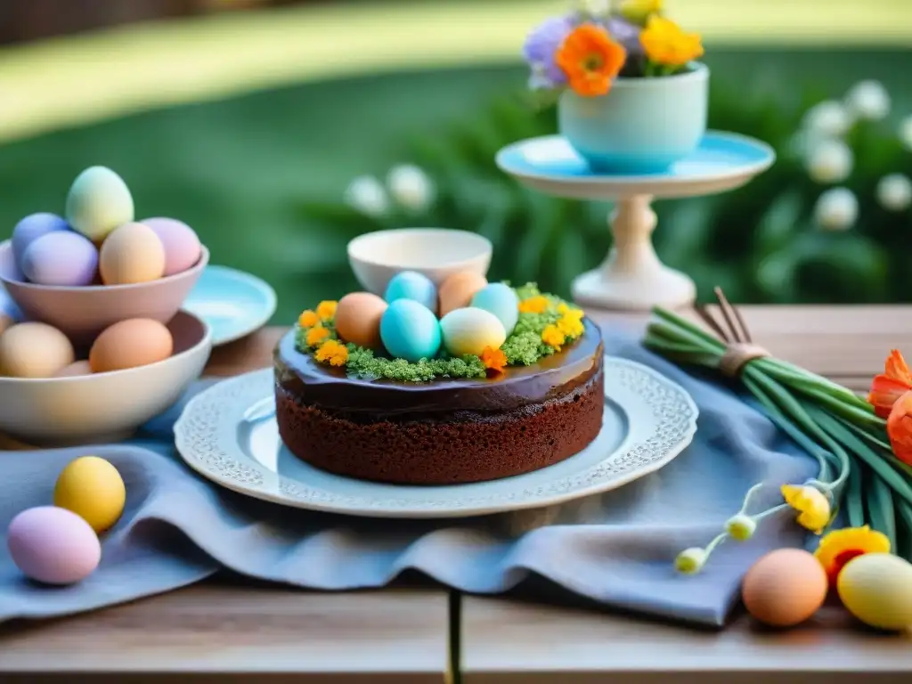 Celebra una Pascua sin gluten en un jardín, con mesa decorada y deliciosa comida, perfecta para Recetas sin gluten para Pascua