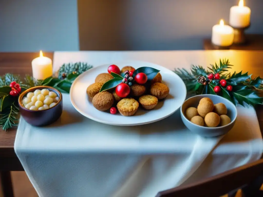 Una mesa navideña bellamente decorada con deliciosos platillos y postres sin gluten, creando una atmósfera cálida y festiva