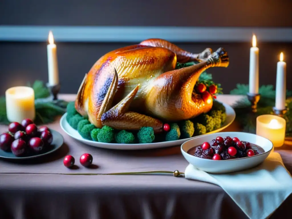 Una mesa navideña bellamente decorada con deliciosos platillos sin gluten, evocando una cálida celebración