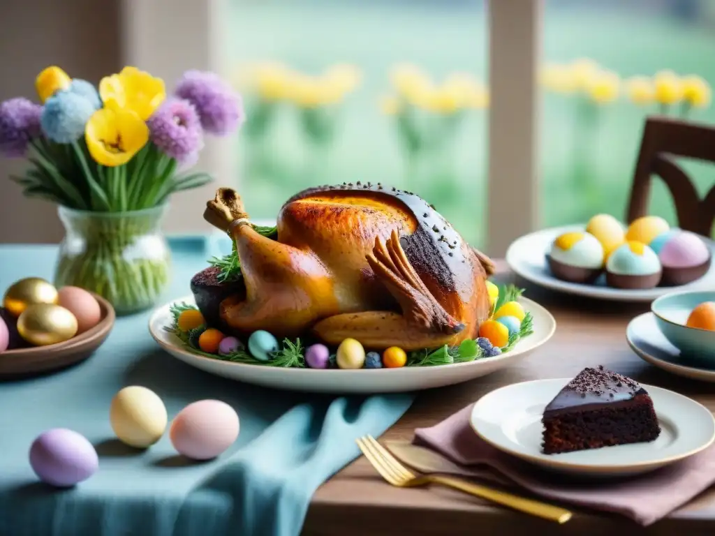 Una mesa de Pascua decorada con exquisitas recetas sin gluten para Pascua, incluyendo ensalada de quinua, pavo asado y pastel de chocolate sin harina