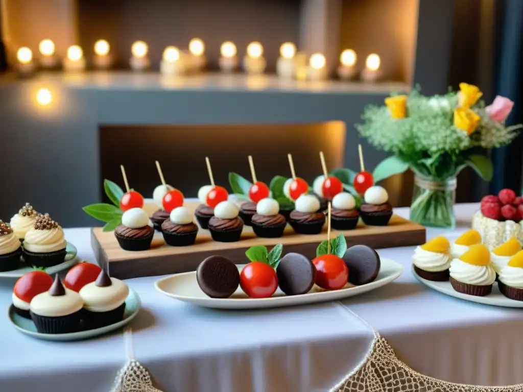 Una mesa decorada con exquisiteces sin gluten para fiestas: brochetas de frutas, mini ensaladas caprese, cupcakes de chocolate y macarons elegantes