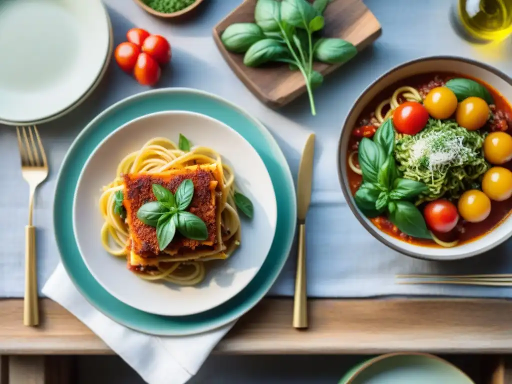 Una mesa elegantemente decorada con exquisitos platillos de pasta sin gluten, capturando la esencia de la cocina italiana