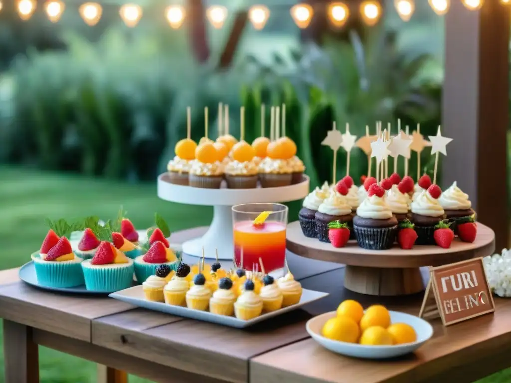 Una mesa bellamente decorada en una fiesta de despedida sin gluten, con aperitivos y bebidas coloridos en un jardín con luces de hadas