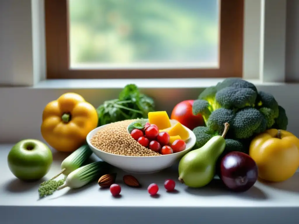 Una mesa decorada con frutas, verduras, frutos secos y granos sin gluten