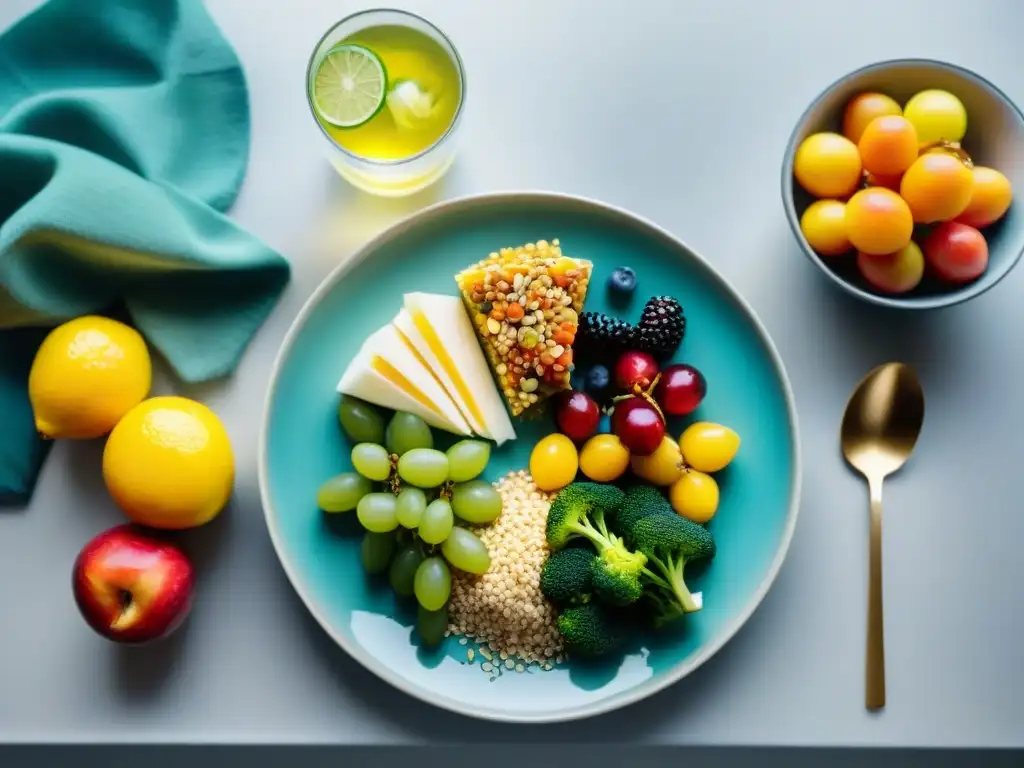 Una mesa exquisitamente decorada con frutas, verduras y granos sin gluten, bañada en luz natural