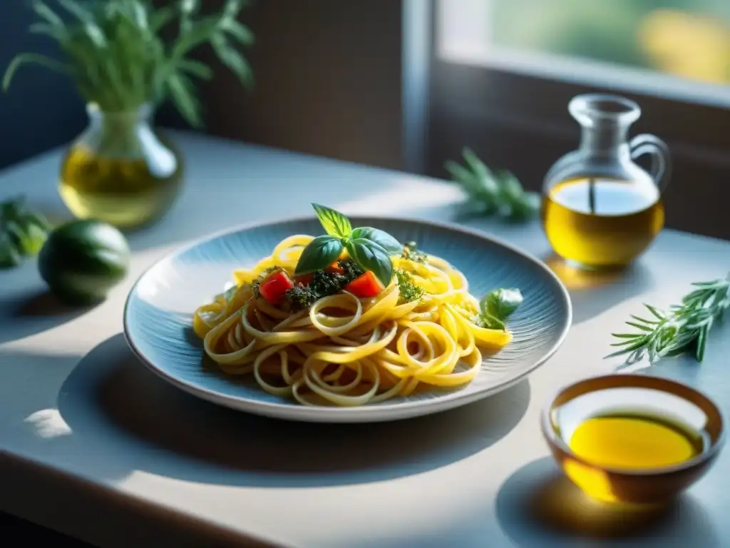 Una mesa bellamente decorada con innovadoras recetas de pasta sin gluten, acompañadas de hierbas frescas y vegetales vibrantes