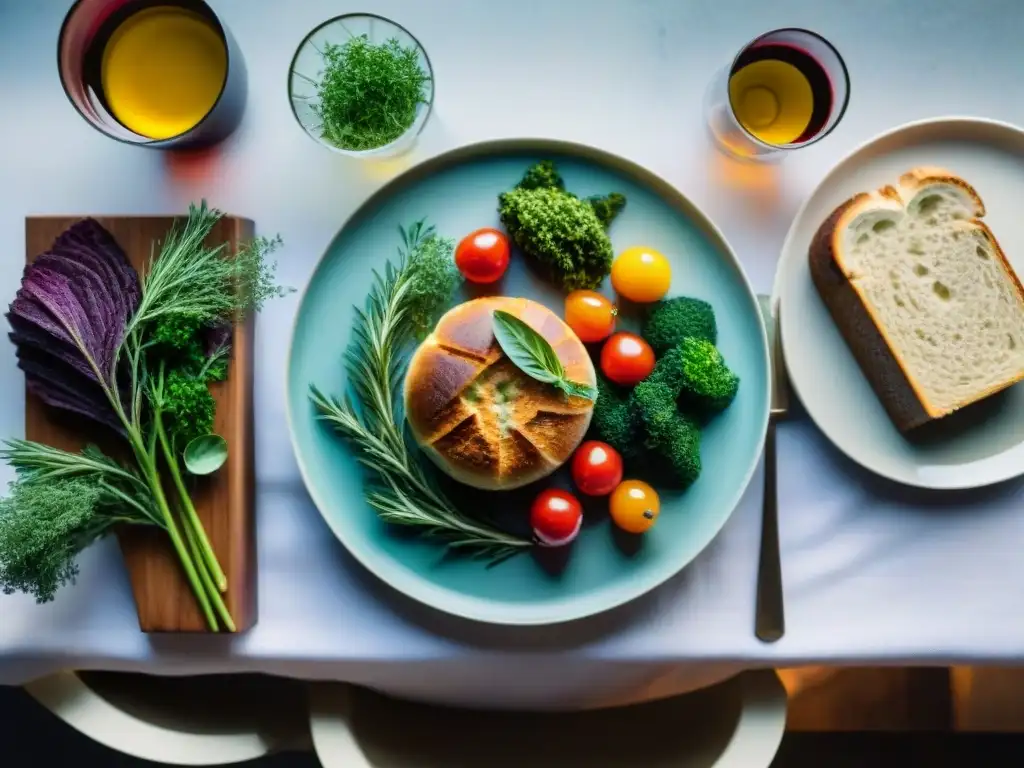 Una mesa bellamente decorada con maridajes sin gluten con vino, resaltando colores, texturas y sabores en armonía