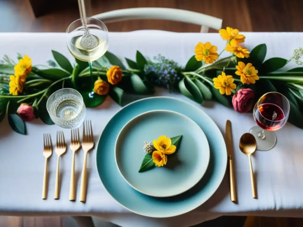 Una mesa exquisitamente decorada con maridajes sin gluten con vino, rodeada de elegancia y sofisticación