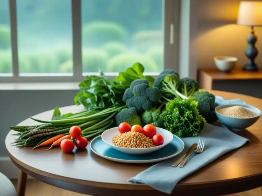 Una mesa elegantemente decorada para un menú sin gluten económico, con una variedad de vegetales frescos y granos coloridos