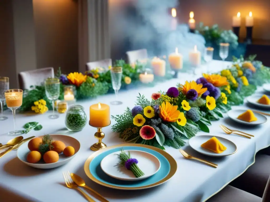 Una mesa exquisitamente decorada con menús temáticos sin gluten innovadores, con platos elegantes y coloridos