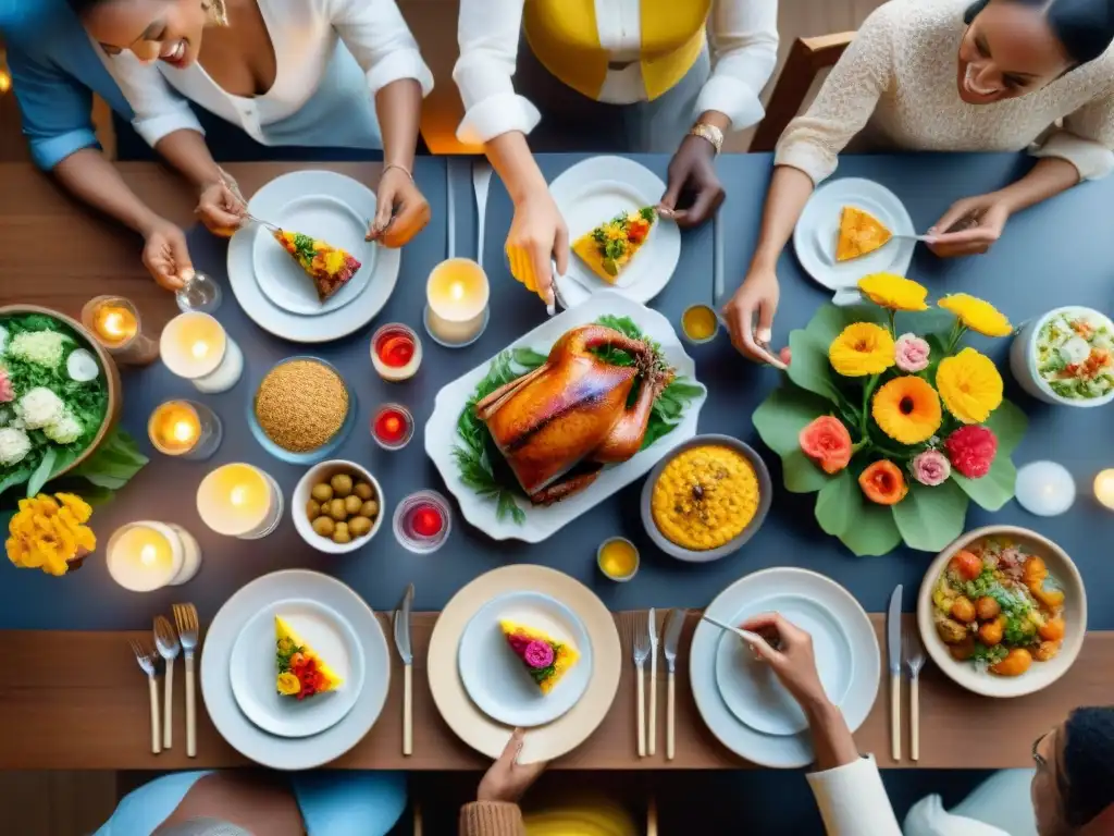 Una mesa bellamente decorada con personas diversas disfrutando de recetas sin gluten innovadoras en una atmósfera cálida y acogedora