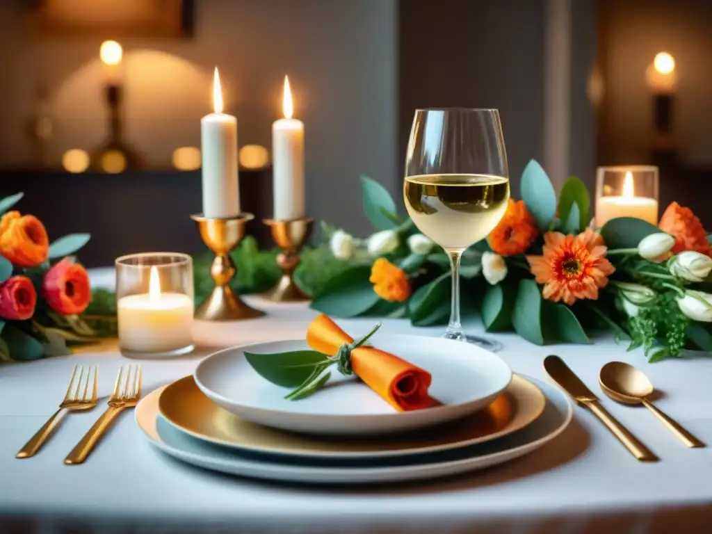 Una mesa elegantemente decorada con platos sin gluten y vino, creando un ambiente cálido y acogedor