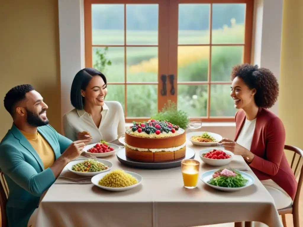 Una mesa hermosamente decorada con platos sin gluten, rodeada de personas felices