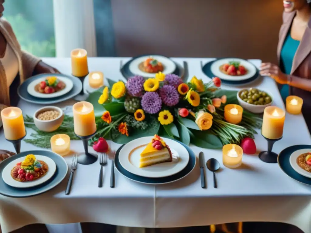 Una mesa hermosamente decorada con platos sin gluten y un grupo diverso de personas disfrutando de una comida, transmitiendo alegría y conexión