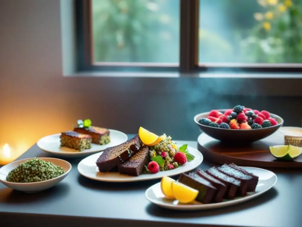 Una mesa bellamente decorada con platos sin gluten fáciles: ensalada de quinua, brochetas de pollo con chimichurri y pastel de chocolate sin harina