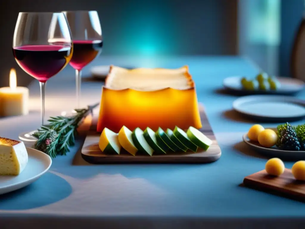 Una mesa exquisitamente decorada con platos sin gluten y vino, resaltando una armoniosa combinación de sabores y colores