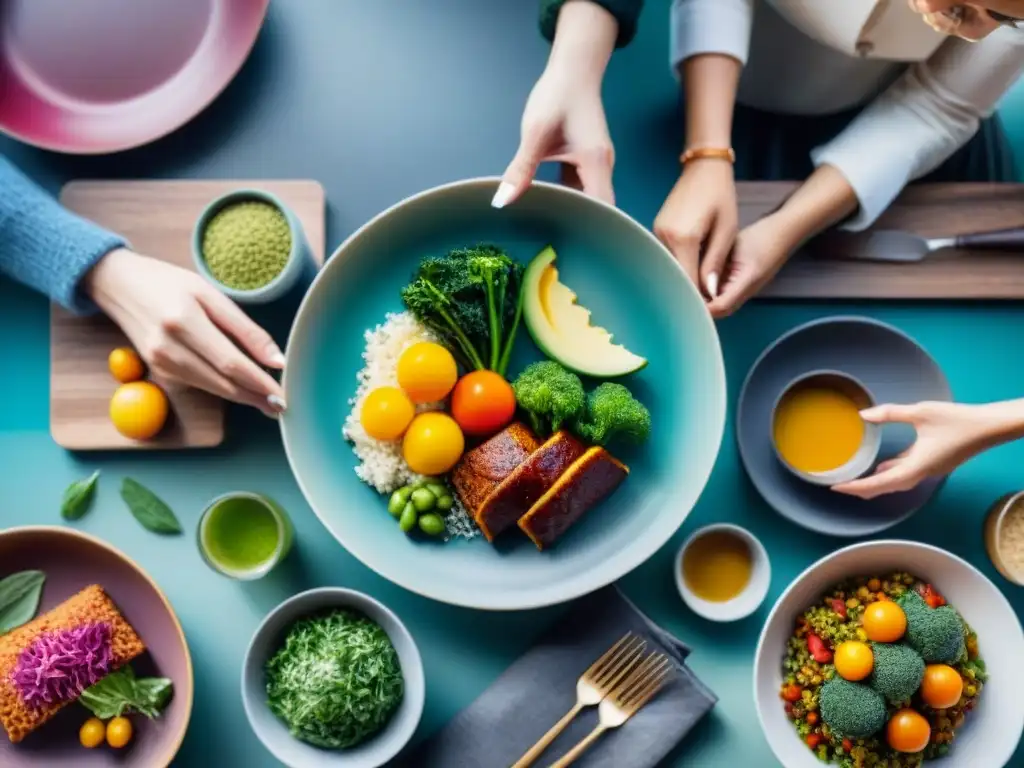 Una mesa hermosamente decorada con platos innovadores sin gluten y un grupo diverso de personas disfrutando juntos