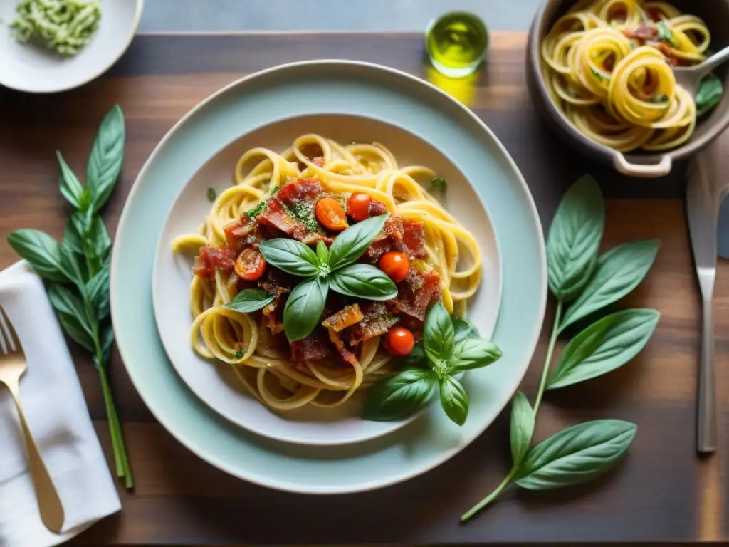 Una mesa bellamente decorada con platos de pasta sin gluten, creando una atmósfera italiana acogedora