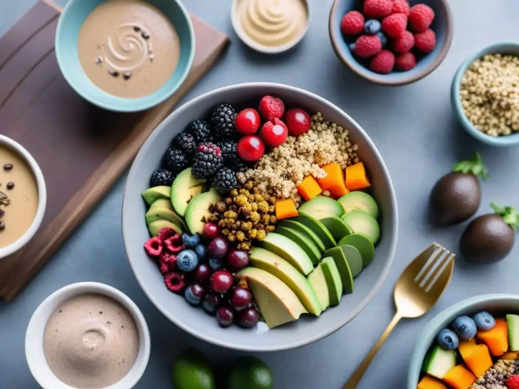 Una mesa decorada con platos veganos y sin gluten, destacando un vibrante Buddha bowl