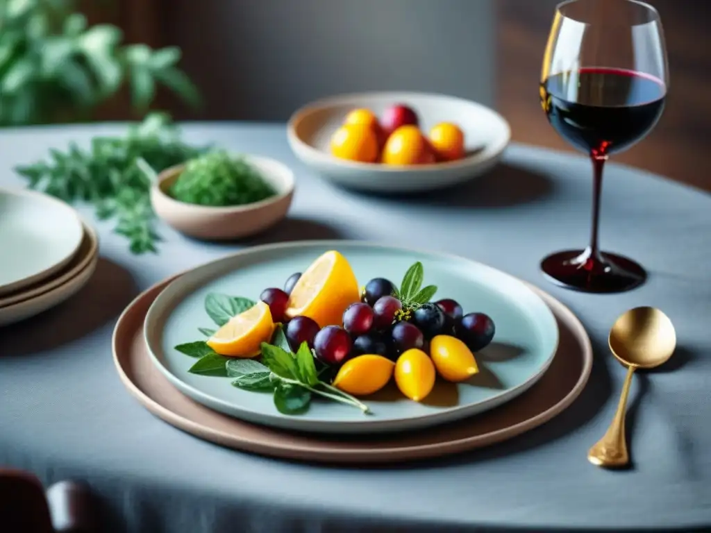 Una mesa elegantemente decorada con platos sin gluten, vino y frutas vibrantes