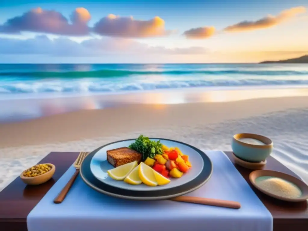 Una mesa bellamente decorada en una playa de Australia al atardecer, con delicias sin gluten