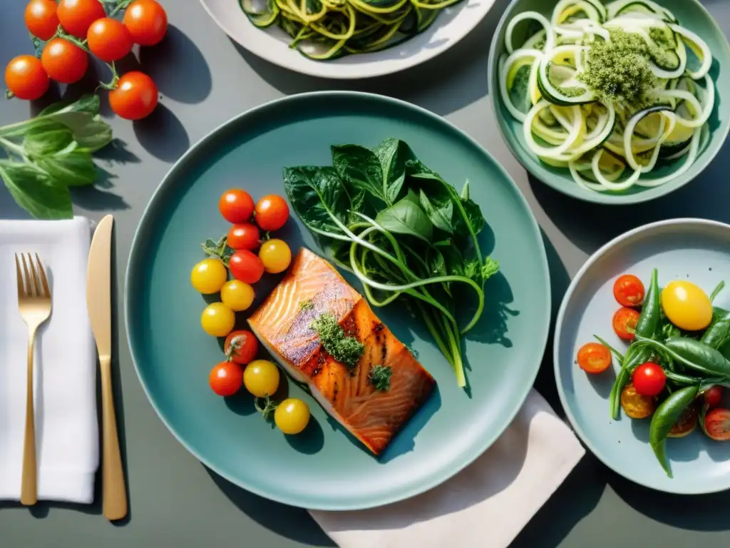 Una mesa bellamente decorada con recetas sin gluten bajos carbohidratos, platos coloridos y vibrantes