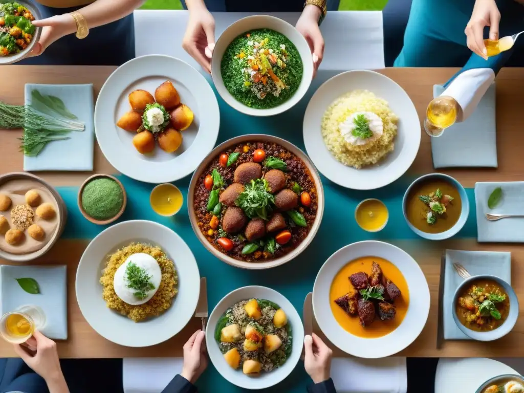 Una mesa hermosamente decorada con recetas sin gluten innovadoras y tradicionales, rodeada de gente diversa disfrutando de la experiencia culinaria